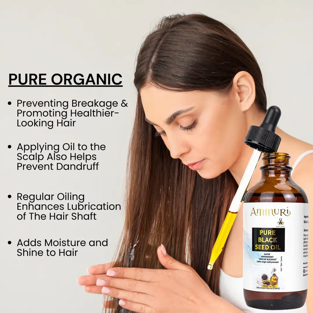 Ammuri Skincare Pure Organic Black Seed Oil for healthier hair, promoting moisture and reducing dandruff