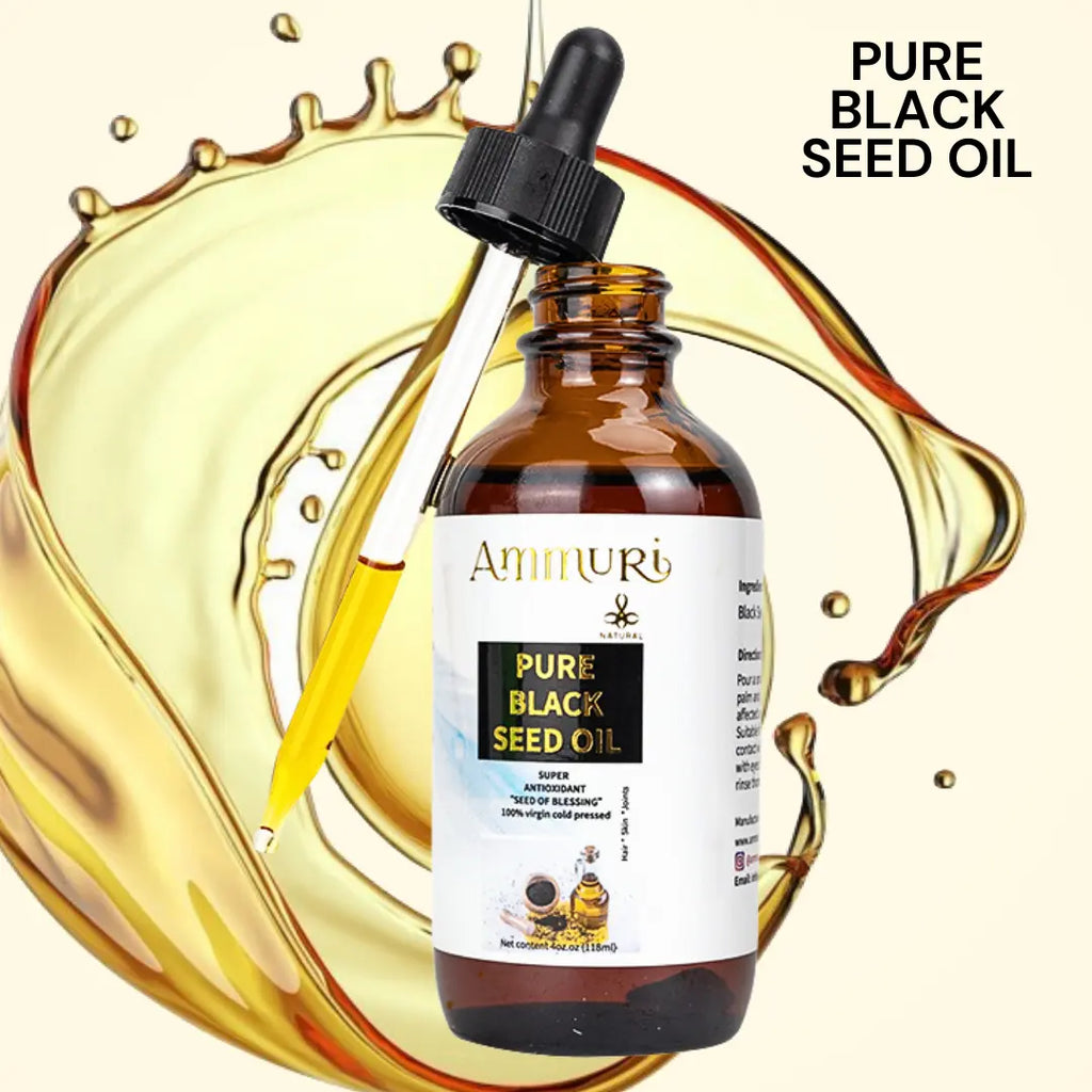 Ammuri Skincare Pure Organic Black Seed Oil in a glass bottle with a dropper for skincare benefits