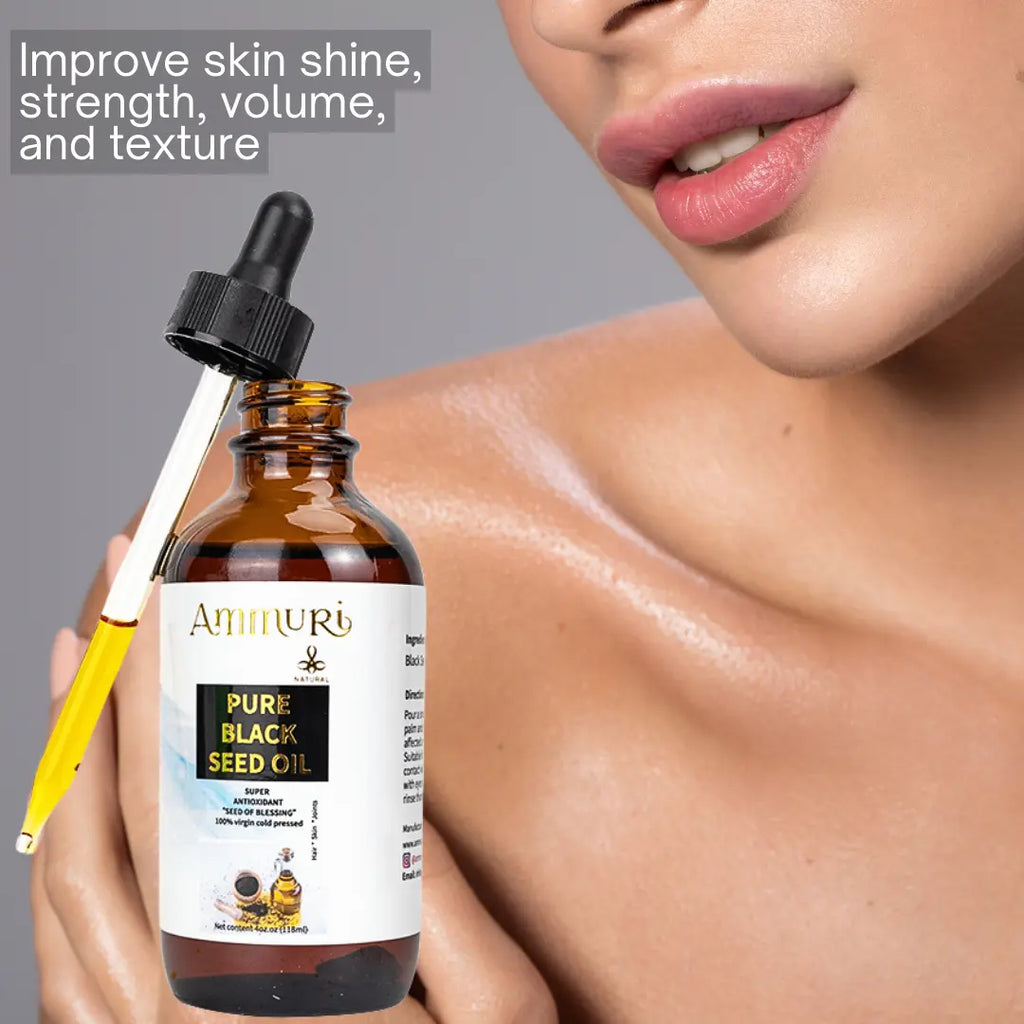 Ammuri Skincare Pure Organic Black Seed Oil in a bottle with dropper, promoting skin shine and texture