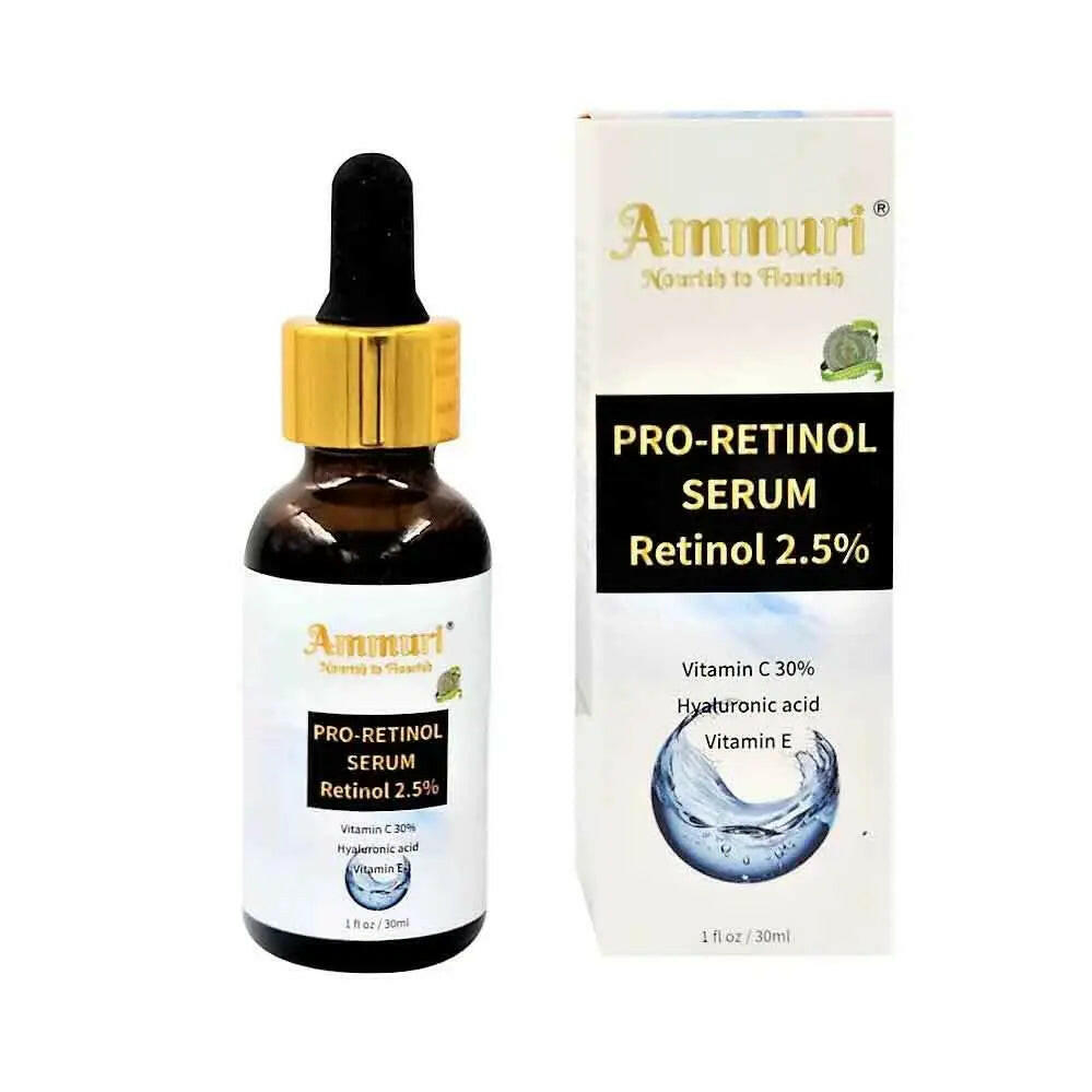 Ammuri Pro-Retinol Serum 2.5% in a dropper bottle with a box, enriched with Vitamin C and Hyaluronic Acid