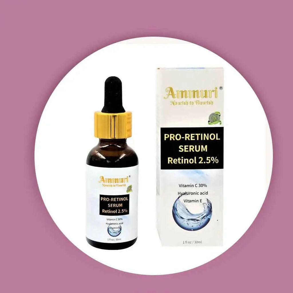 Ammuri Pro-Retinol Serum 2.5% in glass dropper bottle with box, ideal for rejuvenating skin care