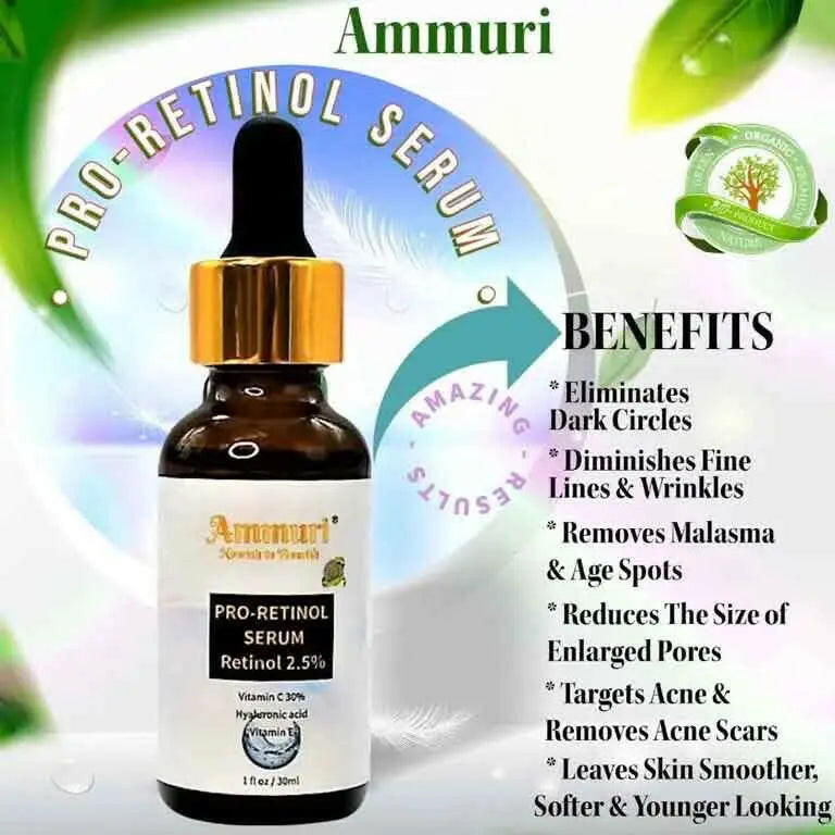 Ammuri Pro-Retinol Serum 2.5% with dropper, highlighting benefits for skin improvement and anti-aging
