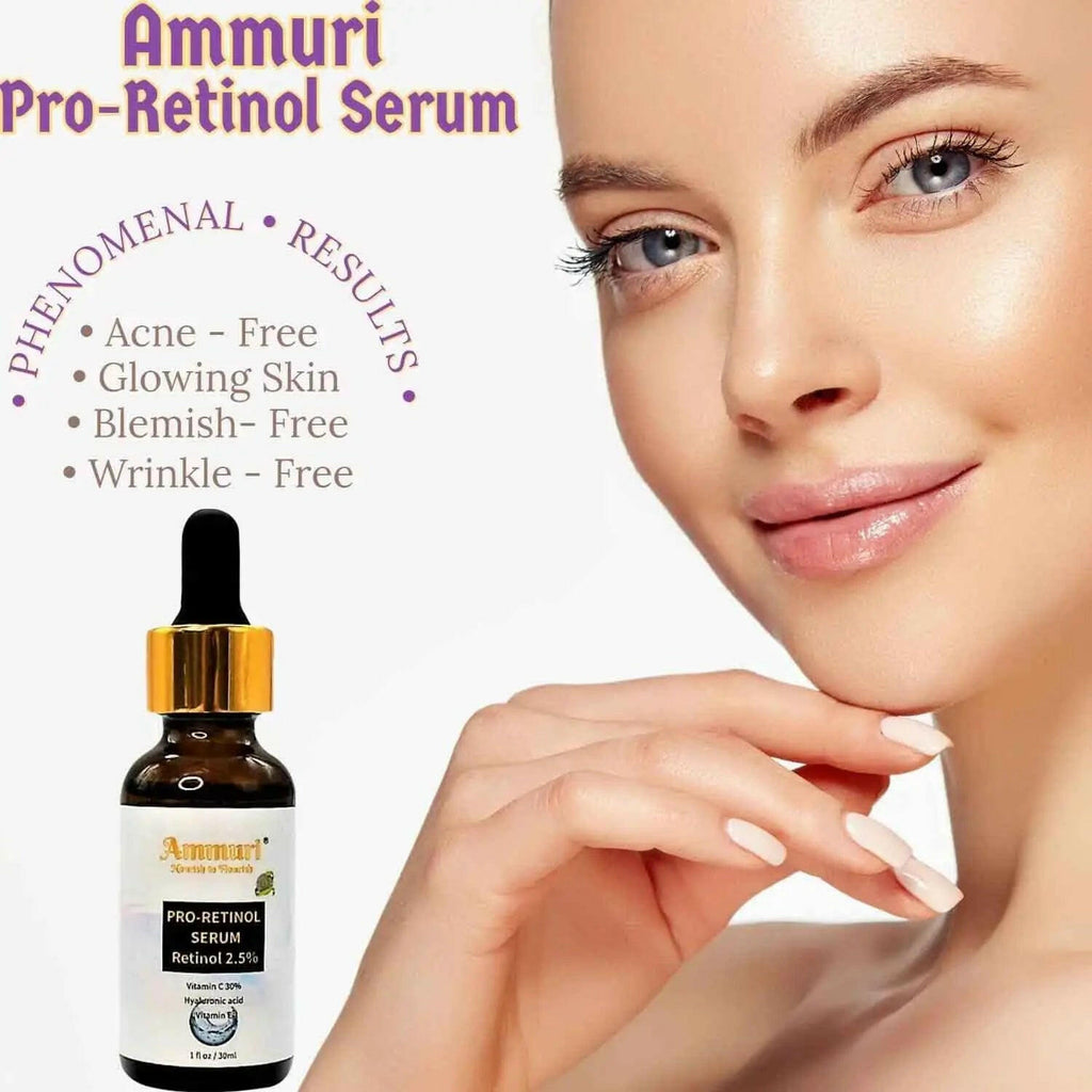 Ammuri Pro-Retinol Serum 2.5% with glowing skin model showing anti-acne and wrinkle benefits