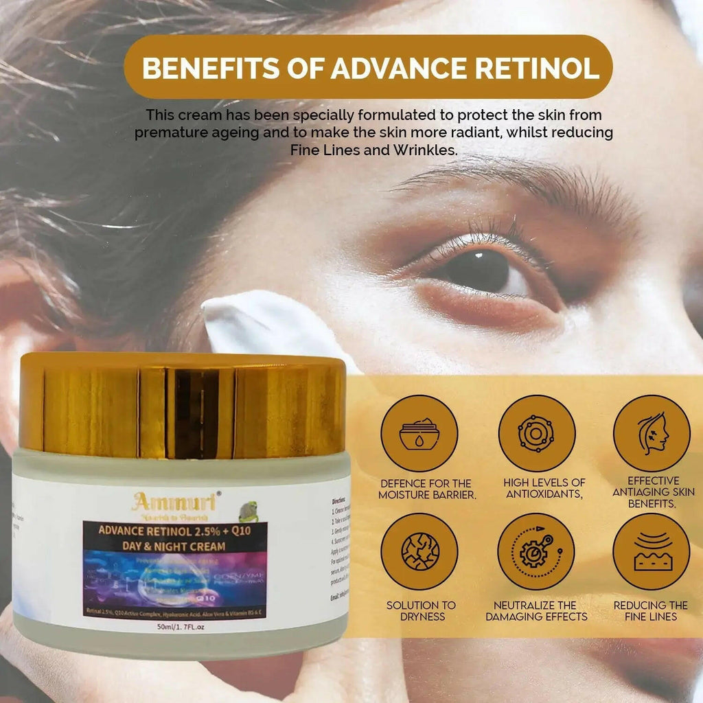 Ammuri Beauty Q10 face cream and Advance Retinol 2.5% day and night cream in a jar for skin hydration
