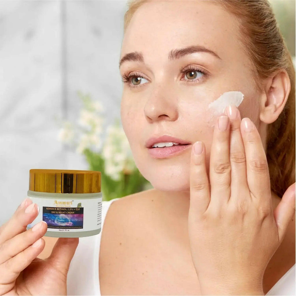 Ammuri Beauty Q10 face cream applied on a woman's face for firming skin day and night