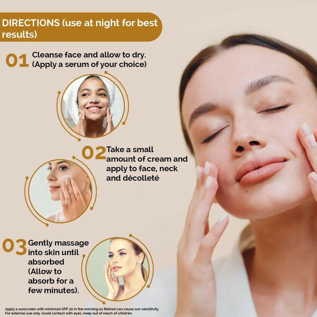 Ammuri Beauty Q10 face cream application steps with a woman applying cream to her face and décolleté