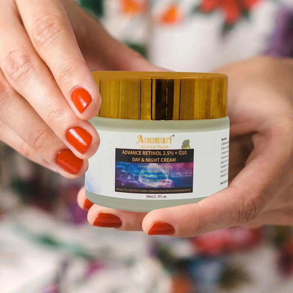 Ammuri Beauty Q10 face cream in a golden jar, offering firming benefits for day and night use