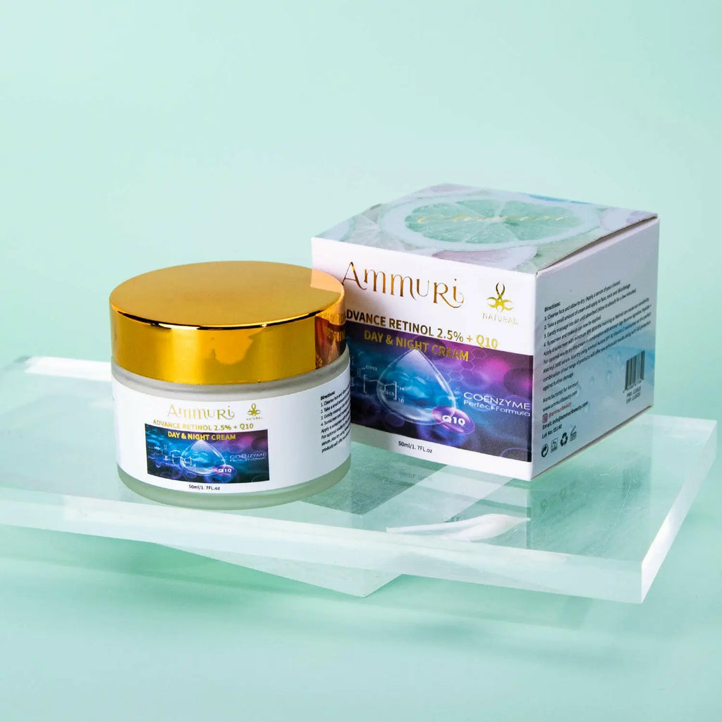 Ammuri Beauty Q10 face cream and Advance Retinol 2.5% firming day and night cream displayed on a clear surface