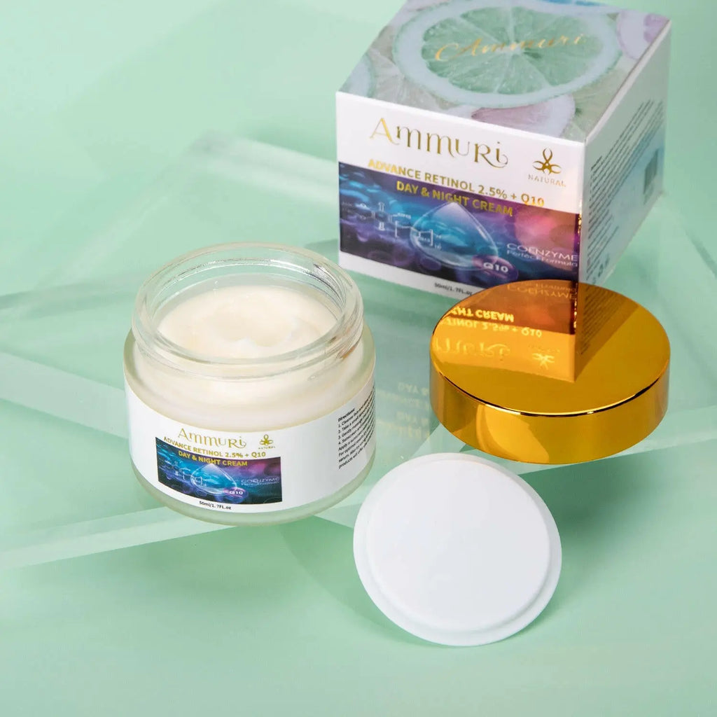 Ammuri Beauty Q10 face cream with Advance Retinol 2.5% in a jar, open lid revealing the cream inside