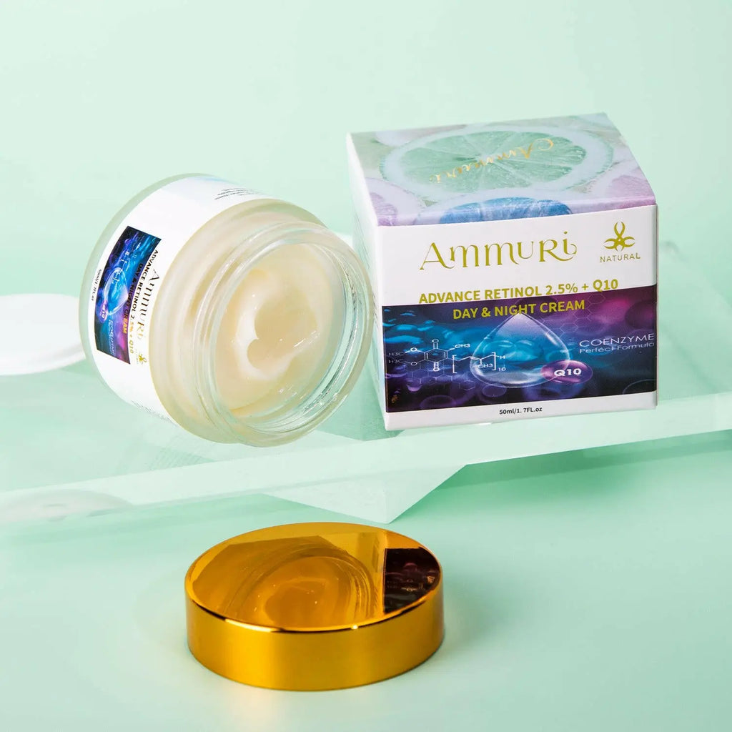 Ammuri Beauty Q10 face cream jar and box with advanced retinol for day and night use