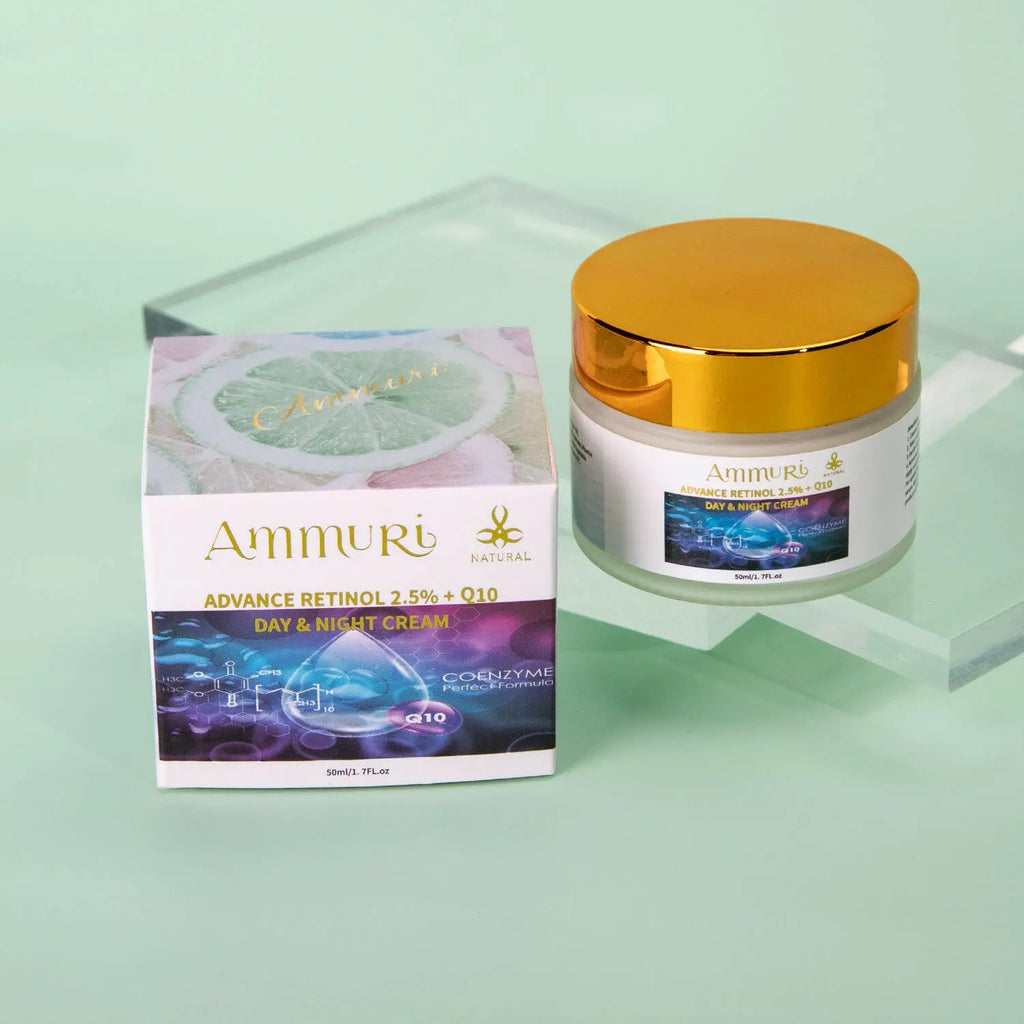Ammuri Beauty Q10 face cream and Advance Retinol 2.5% Firming Day & Night Cream in elegant packaging