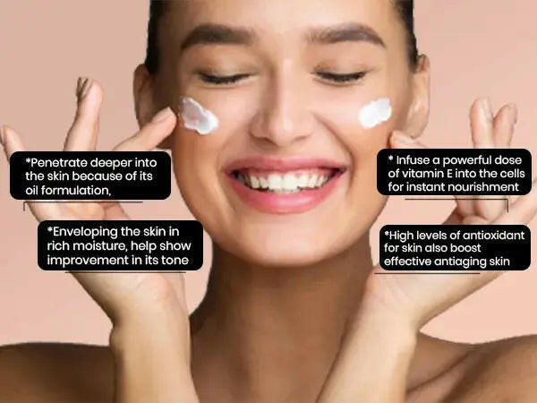 Ammuri Beauty Q10 face cream applied on a smiling woman's face for firm and nourished skin