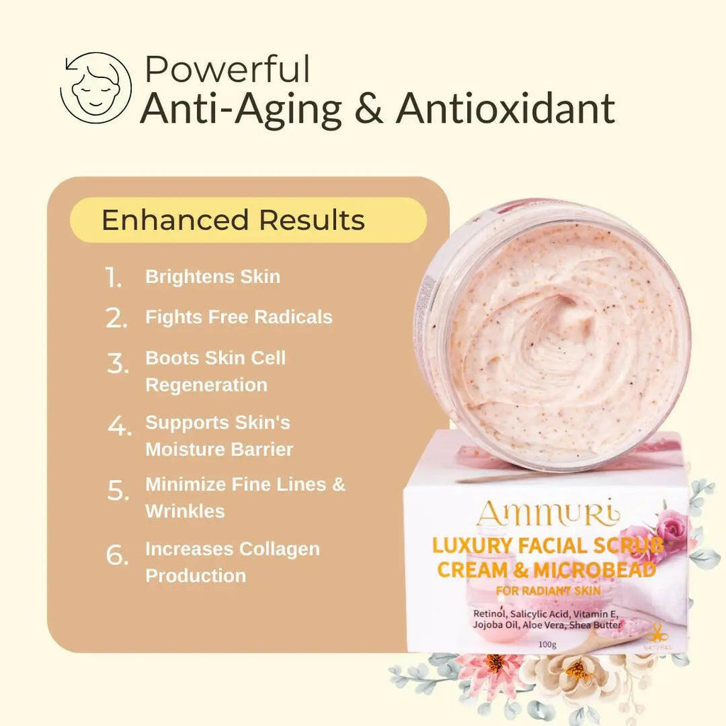 Ammuri Skincare Retinol Facial Scrub in a jar, enhancing skin with anti-aging benefits and exfoliating microbeads