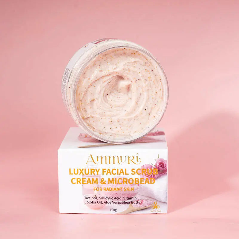Ammuri Skincare Retinol Facial Scrub in a jar, promoting radiant skin with microbeads and nourishing ingredients