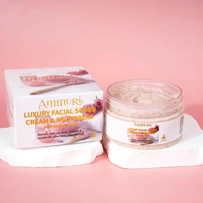 Ammuri Skincare Retinol Facial Scrub jar with cream and box showcasing ingredients for radiant skin