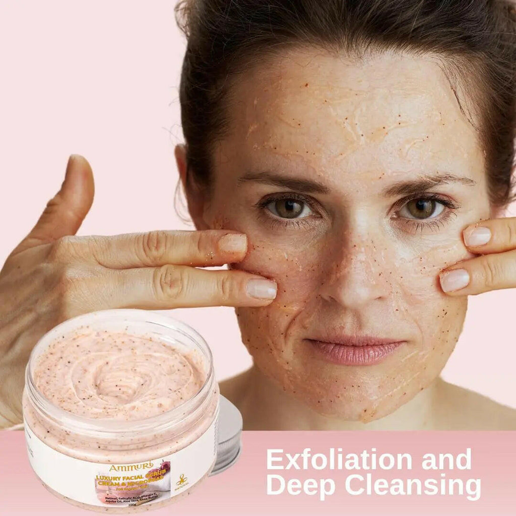 Ammuri Skincare Retinol Facial Scrub Cream for exfoliation and deep cleansing on a woman's face