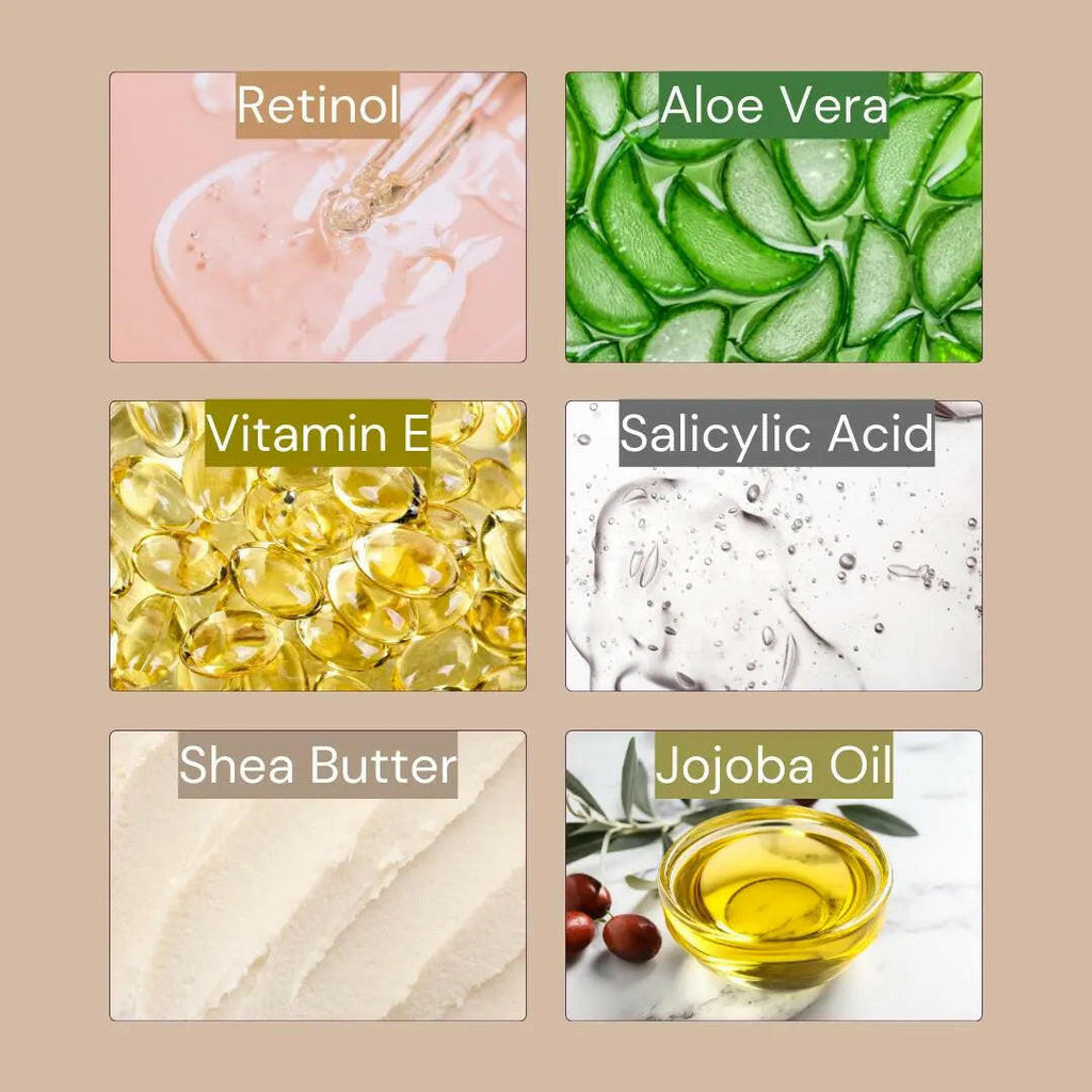 Ingredients of Ammuri Skincare Retinol Facial Scrub including Retinol, Aloe Vera, Vitamin E, Salicylic Acid, Shea Butter, and Jojoba Oil