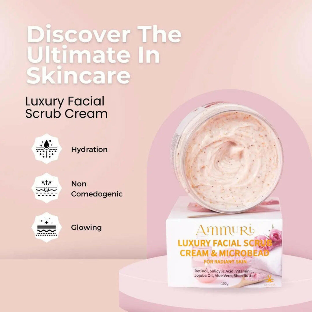 Ammuri Skincare Retinol Facial Scrub in a jar, promoting hydration and glowing skin with microbeads