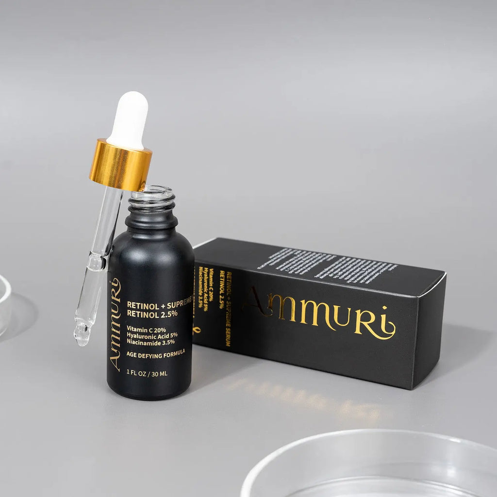 Ammuri Skincare Retinol serum for anti-aging in a sleek black bottle with a dropper and stylish packaging