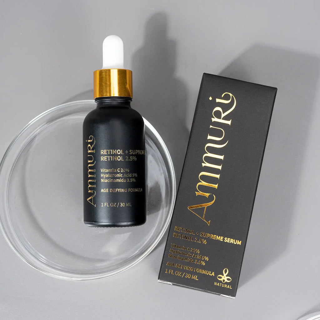 Ammuri Skincare Retinol serum for anti-aging in a sleek dropper bottle with gold accents