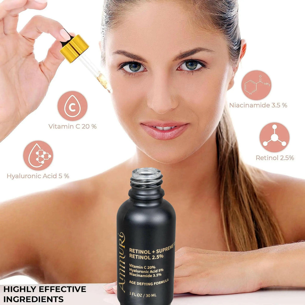 Ammuri Skincare Retinol serum for anti-aging with Vitamin C, Niacinamide, and Hyaluronic Acid featured on a model