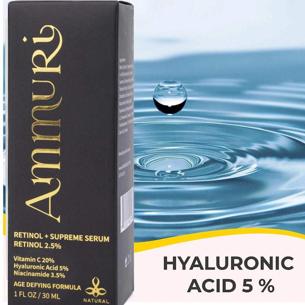 Ammuri Skincare Retinol serum for anti-aging in a sleek black box with hyaluronic acid feature
