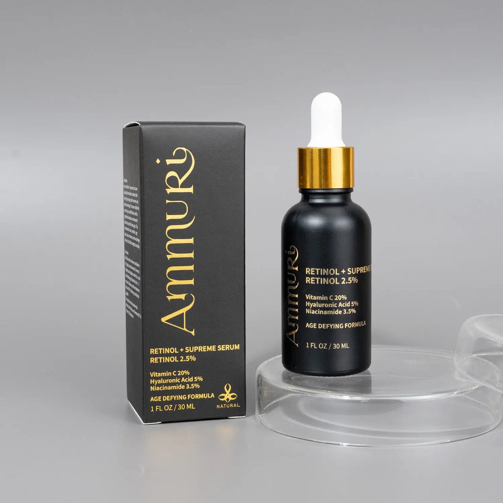 Ammuri Skincare Retinol Serum for anti-aging in a glass bottle with dropper and stylish packaging