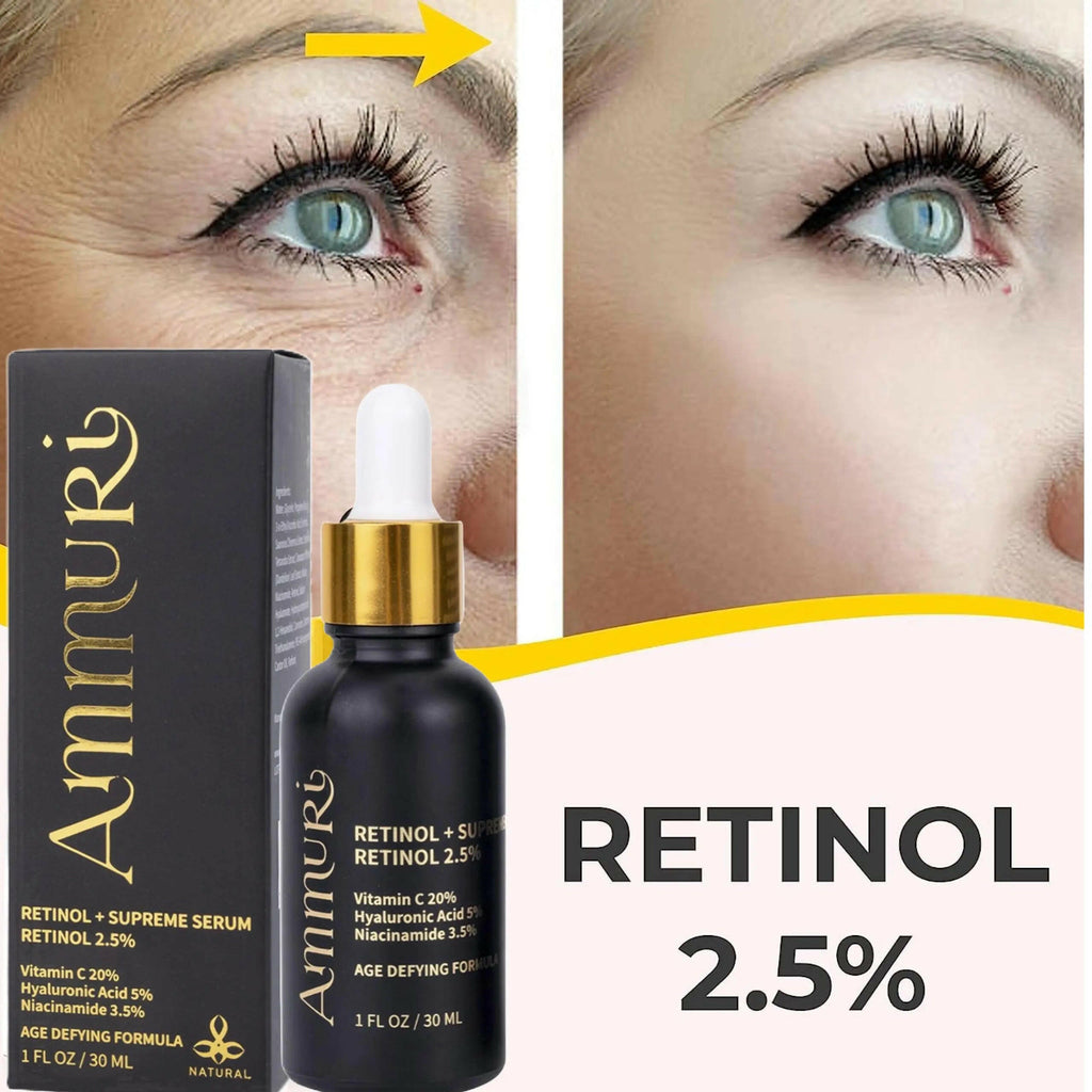 Ammuri Skincare Retinol Serum for anti-aging in a sleek black bottle with dropper and packaging