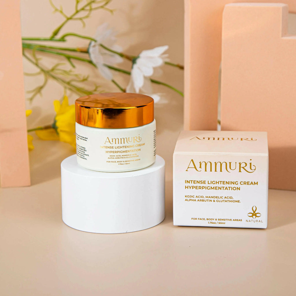 Ammuri Beauty Intense Lighting Skin Cream for dark spots in gold and white packaging on a display