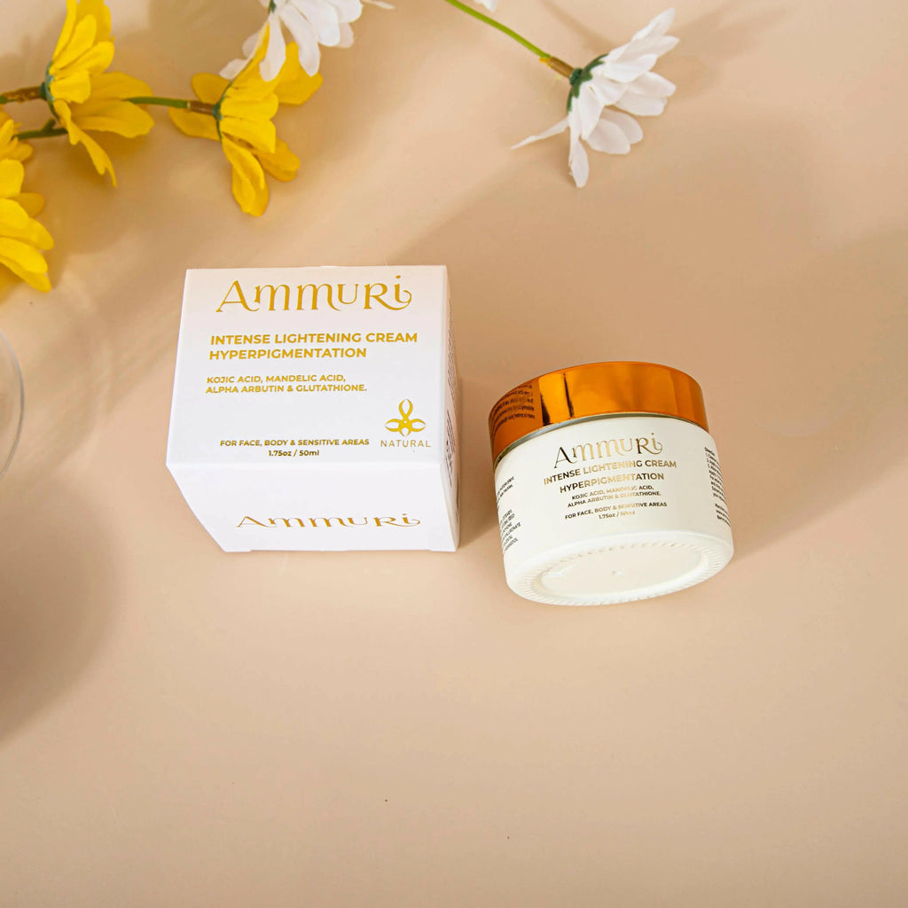 Ammuri Beauty skin lightening cream for dark spots in jar with packaging, ideal for hyperpigmentation treatment