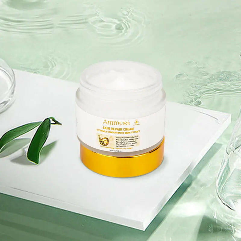 Ammuri Bioactive Snail Repair Cream jar on a serene surface, featuring snail extract skin cream for skin rejuvenation