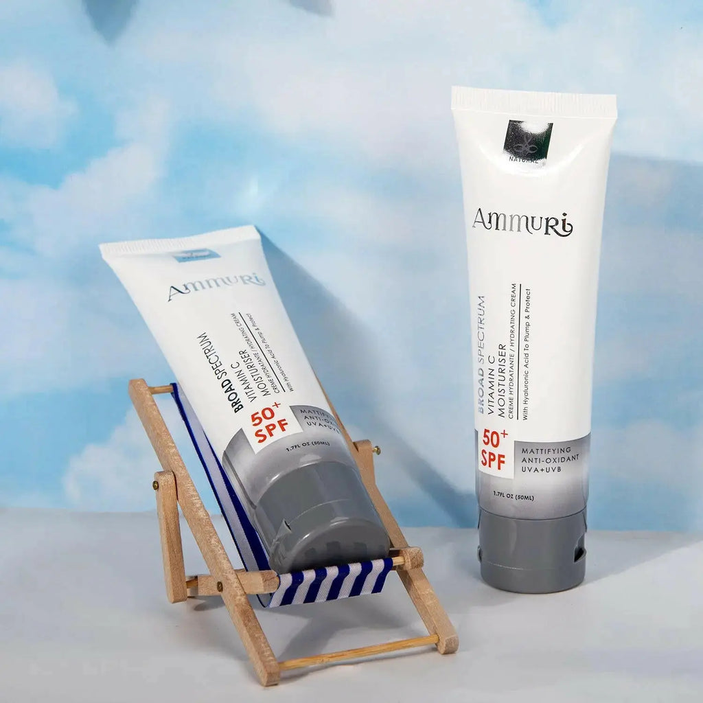 Ammuri Vitamin C day cream SPF 50 in a tube, designed for sun protection and hydration