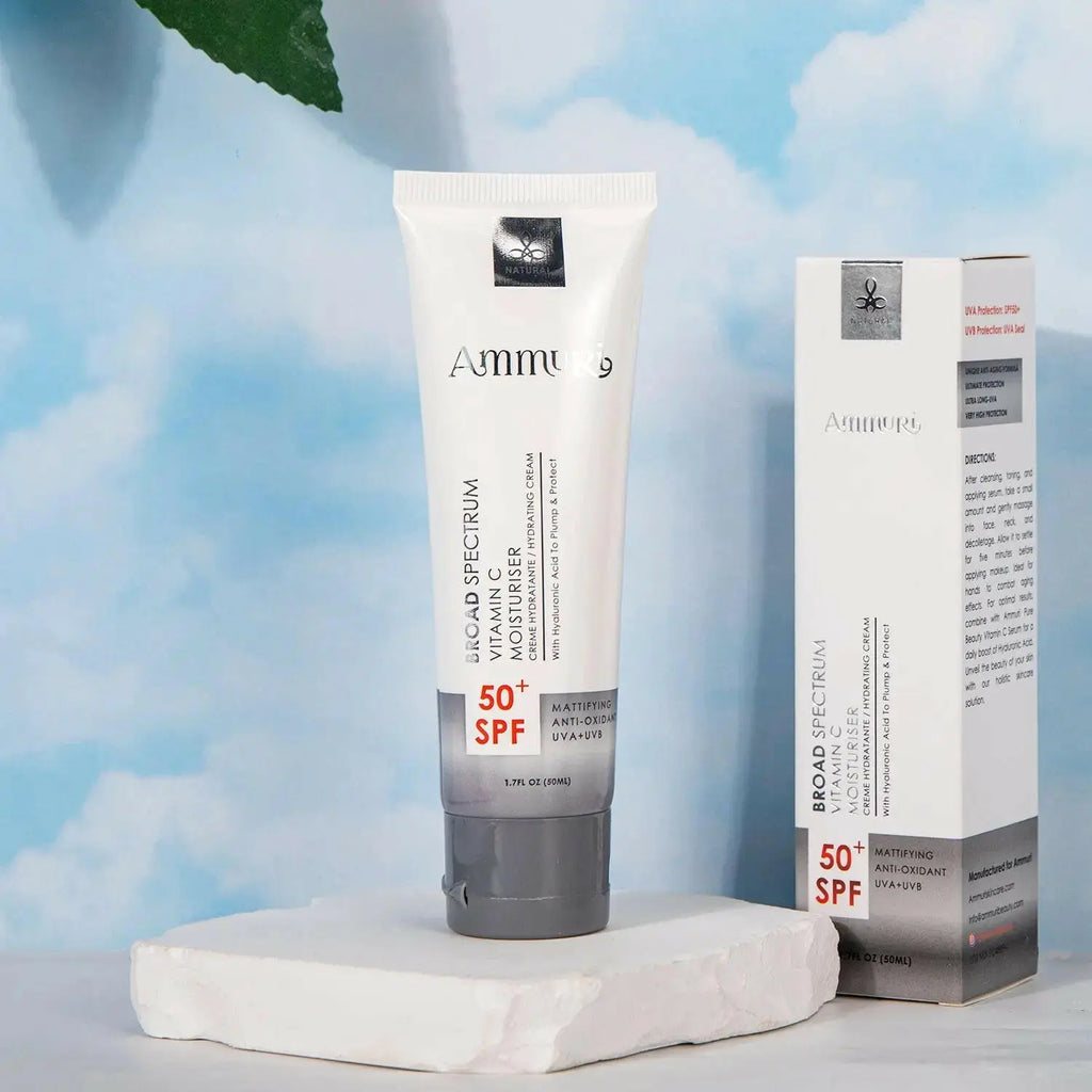 Ammuri Vitamin C Moisturiser SPF 50 in a tube with packaging, ideal SPF 50 anti-aging moisturizer