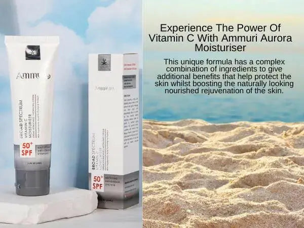 Ammuri Vitamin C Moisturiser SPF 50 anti-aging moisturizer with beach background for radiant skin