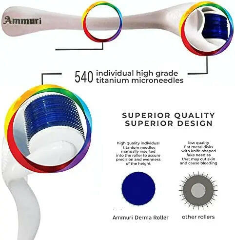 Ammuri Skincare titanium derma roller 0.5mm with 540 high grade microneedles for effective skincare