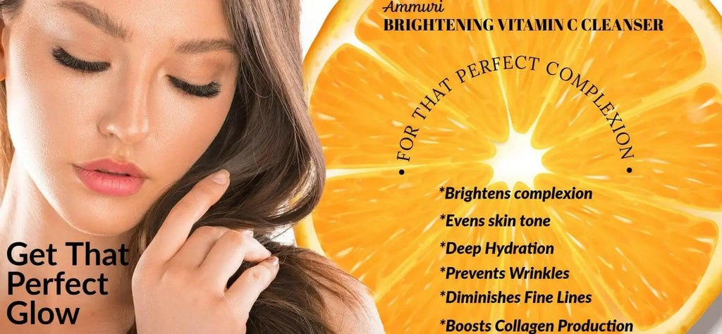 Ammuri Skincare Vitamin C facial cleanser promoting glowing skin and brightening complexion with an orange backdrop