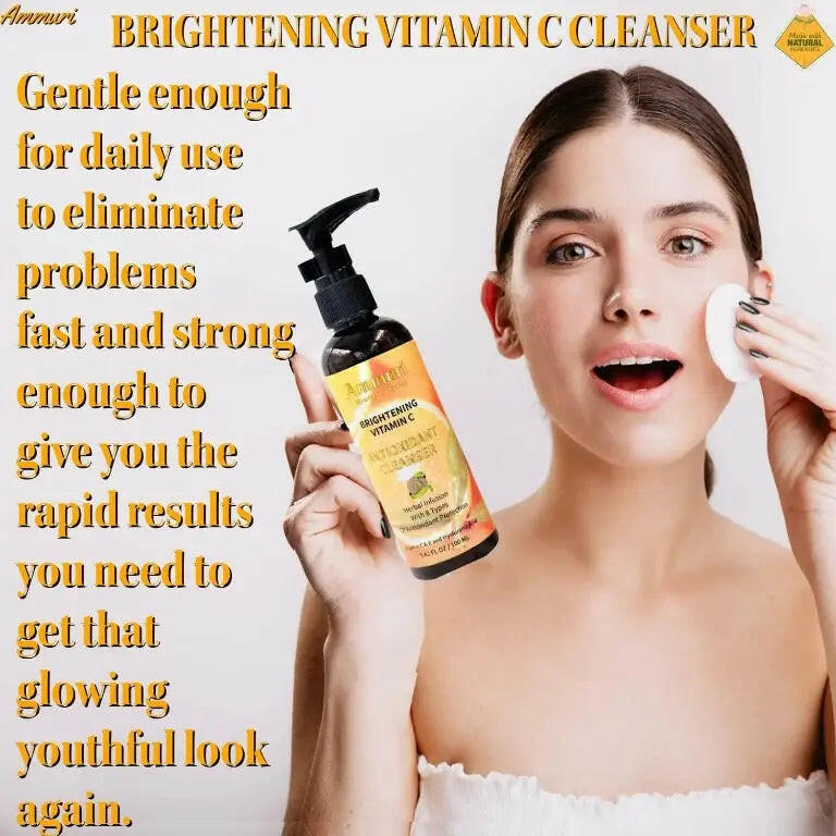 Ammuri Skincare Vitamin C facial cleanser in a bottle, used for achieving youthful glowing skin