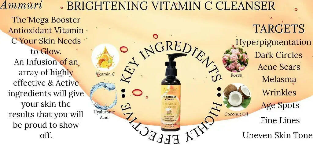 Ammuri skincare brightening Vitamin C facial cleanser for glowing skin, targeting dark circles and uneven skin tone