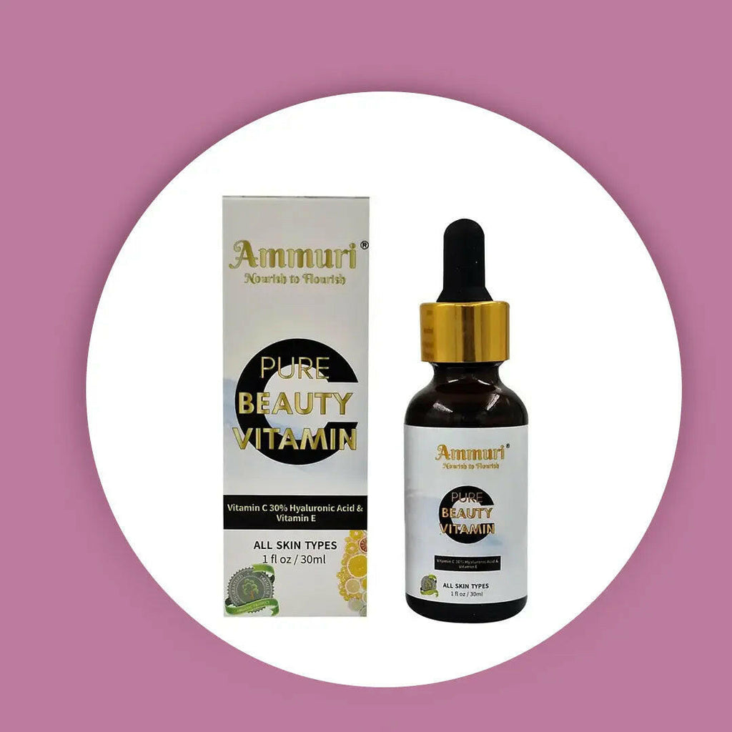 Ammuri Skincare Vitamin C serum for glowing skin in a brown bottle with dropper and packaging