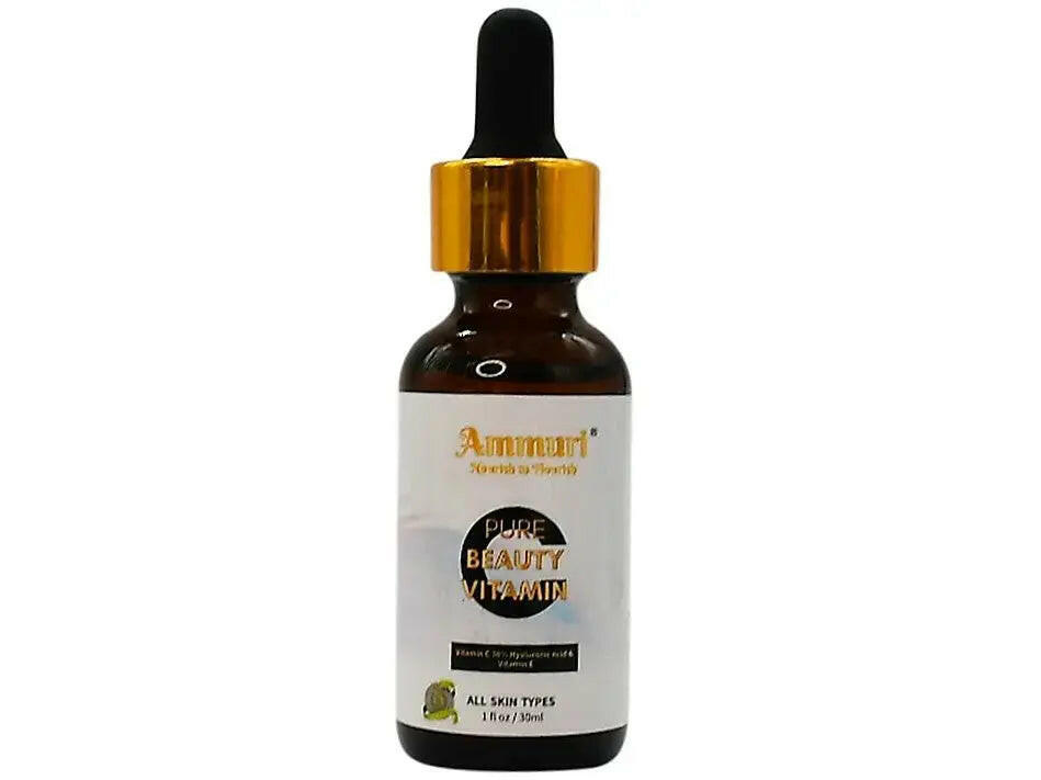 Ammuri Skincare Vitamin C serum for glowing skin in a dark glass bottle with dropper for radiant complexion