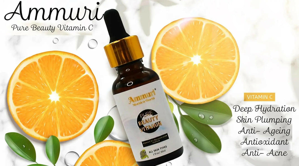 Ammuri Vitamin C serum for glowing skin with deep hydration and anti-ageing benefits surrounded by fresh oranges