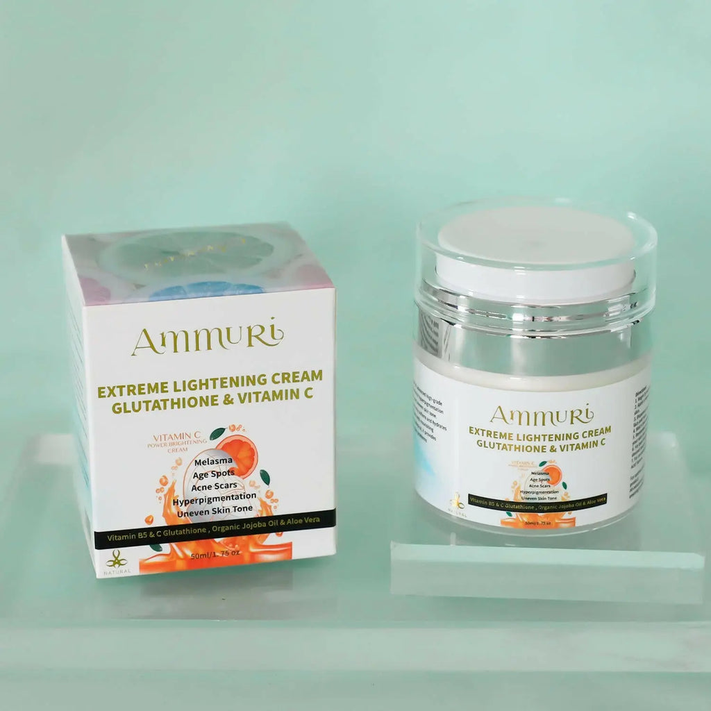 Ammuri whitening and brightening cream in a jar with packaging showcasing its benefits for skin tone improvement