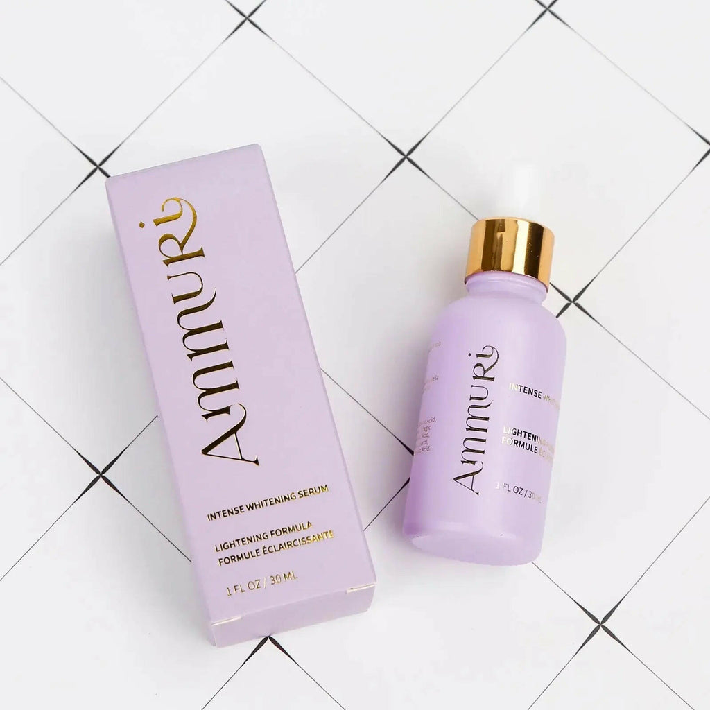 Ammuri Skincare Intense Whitening Lightening Serum in a lavender bottle with matching packaging