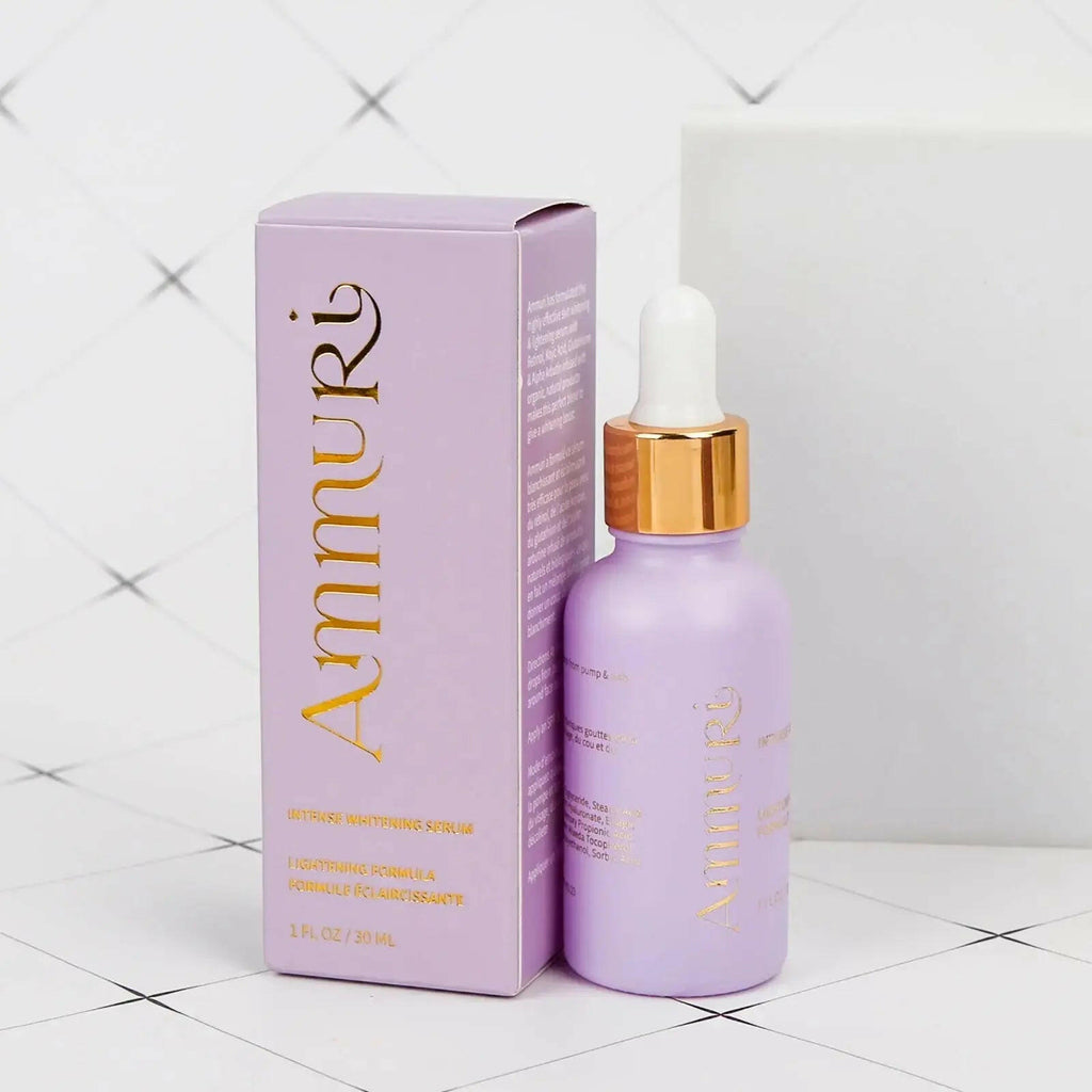 Ammuri Skincare Whitening Lightening Serum in a purple bottle with a dropper and elegant packaging