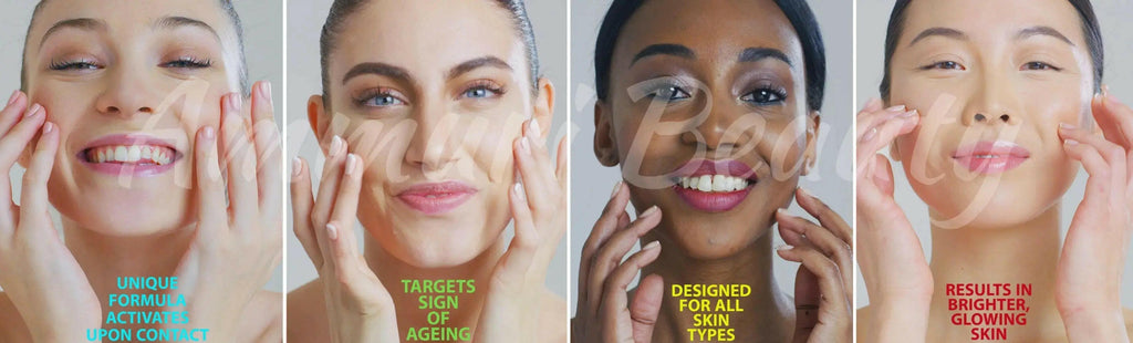 Ammuri Skincare Whitening Lightening Serum application on diverse models showing glowing skin results