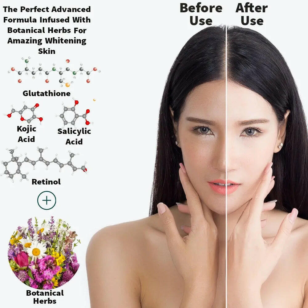 Ammuri Skincare Whitening Lightening Serum showcasing before and after results on skin clarity