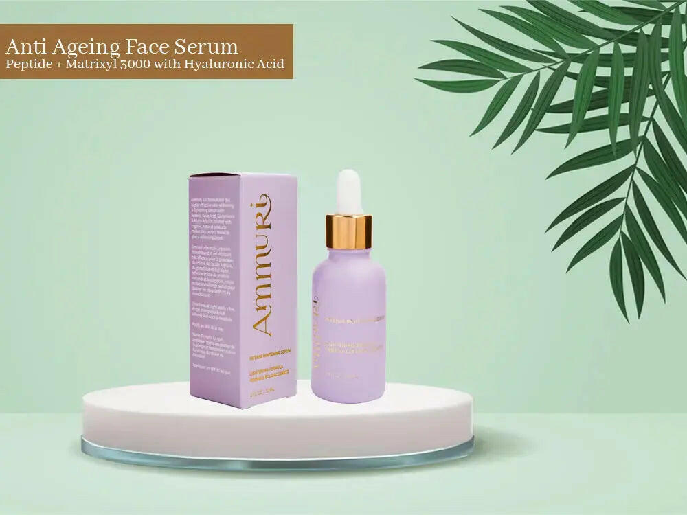 Ammuri Skincare Anti Ageing Face Serum with Peptide and Hyaluronic Acid, featuring a purple bottle and box for whitening lightening serum
