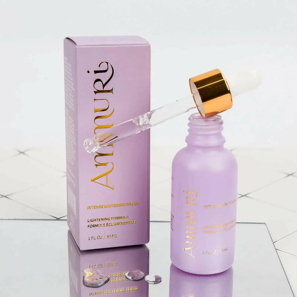 Ammuri Skincare Whitening Lightening Serum in purple bottle with dropper and stylish packaging