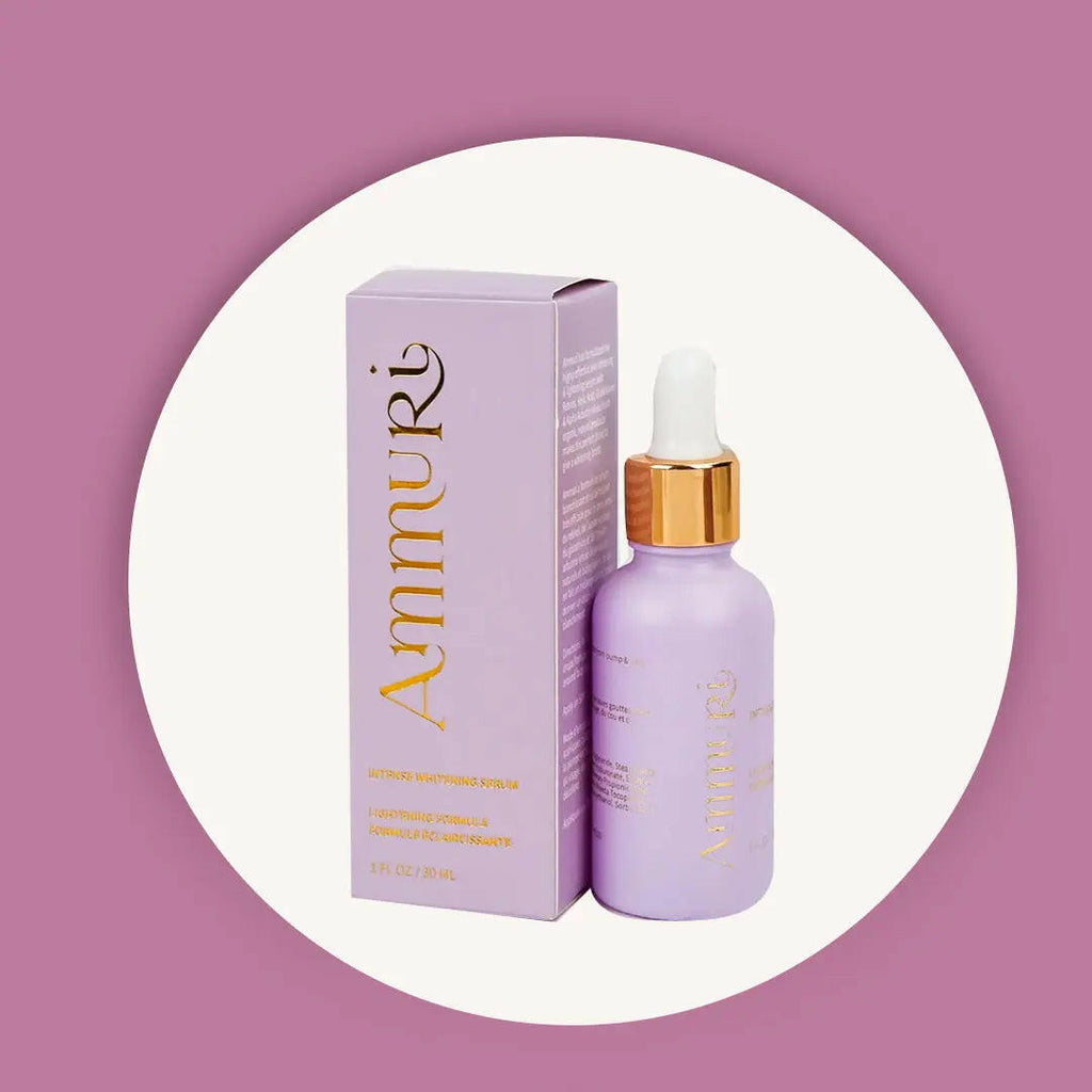 Ammuri Skincare Whitening Lightening Serum in a purple bottle with dropper and elegant packaging