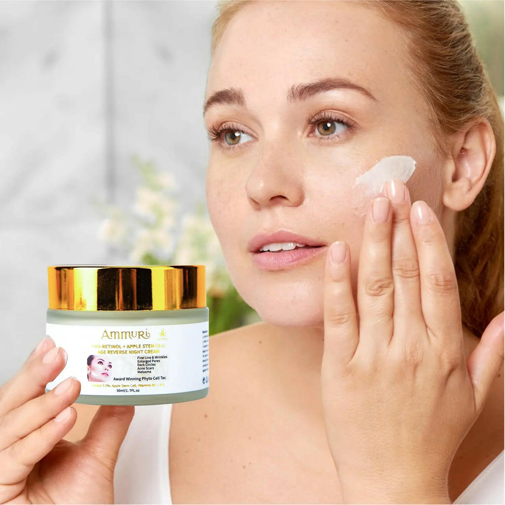 Ammuri Skincare retinol apple stem cell cream being applied to a woman's face for rejuvenating skin care